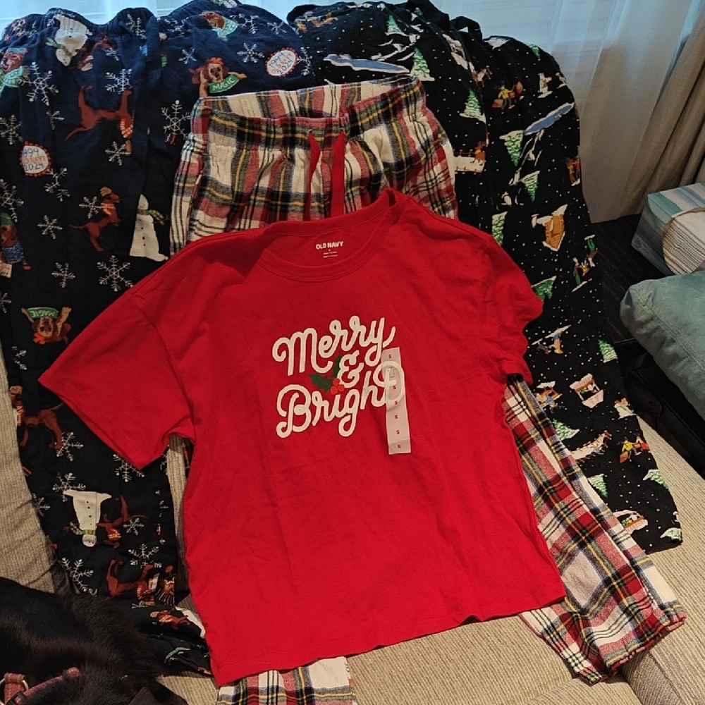 Old Navy Womens Holiday Pajama PJ Set Lot Flannel Pants Merry Bright Shirt